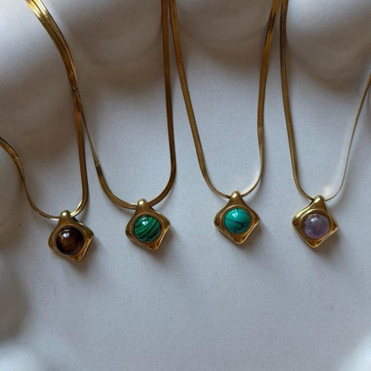 Coloured Gem Necklace Gold Plated Stainless Steel Water Resistant Everyday Wear Fashion Accessory