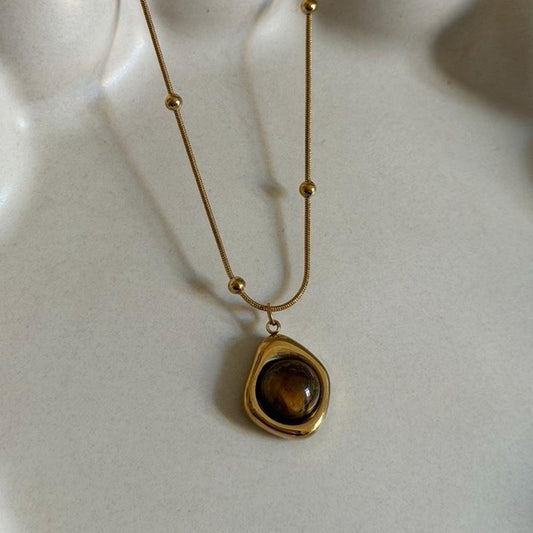 Tiger's Eye Pendant Gold Plated Stainless Steel Everyday Wear Water Resistant Necklace